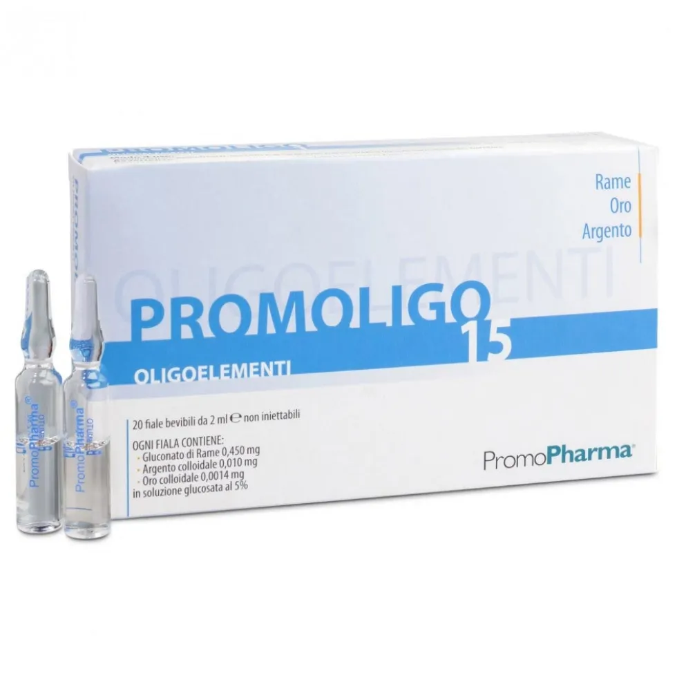 Promopharma Promoligo 15 rame oro e argento - Integratore ricostituente, 20 fiale da 2 ml