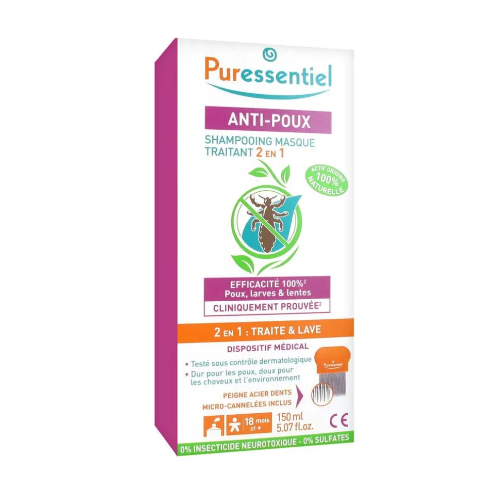 Puressentiel Anti-pidocchi - Shampoo trattante 2 in 1 contro i pidocchi e le lendini, 150 ml