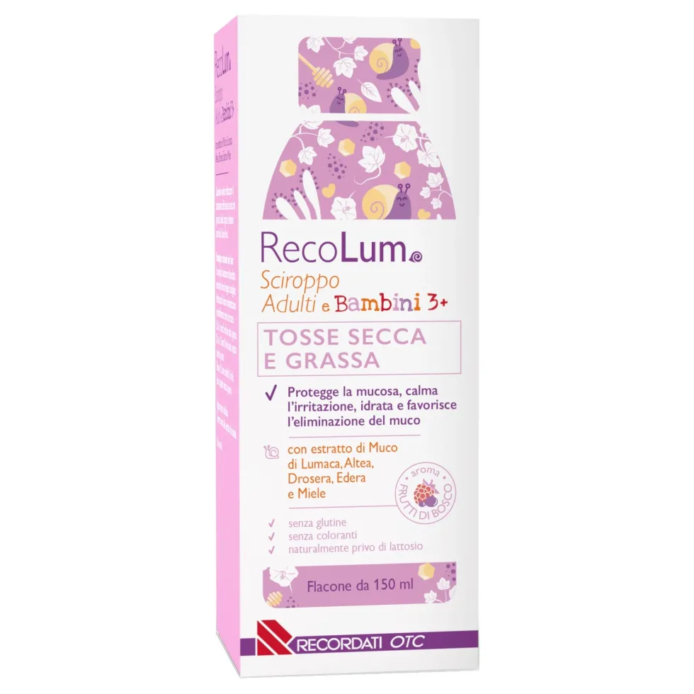 Recordati RecoLum - Sciroppo per la tosse secca e grassa con altea e muco di lumaca, 150 ml