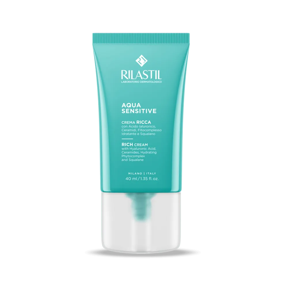 Rilastil Aqua Sensitive Crema Ricca - Crema viso idratante per pelle secca e sensibile, 40 ml