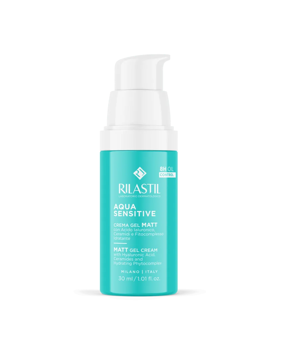 Rilastil Aqua Sensitive - Crema-gel viso idratante e opacizzante per la pelle grassa, 30 ml