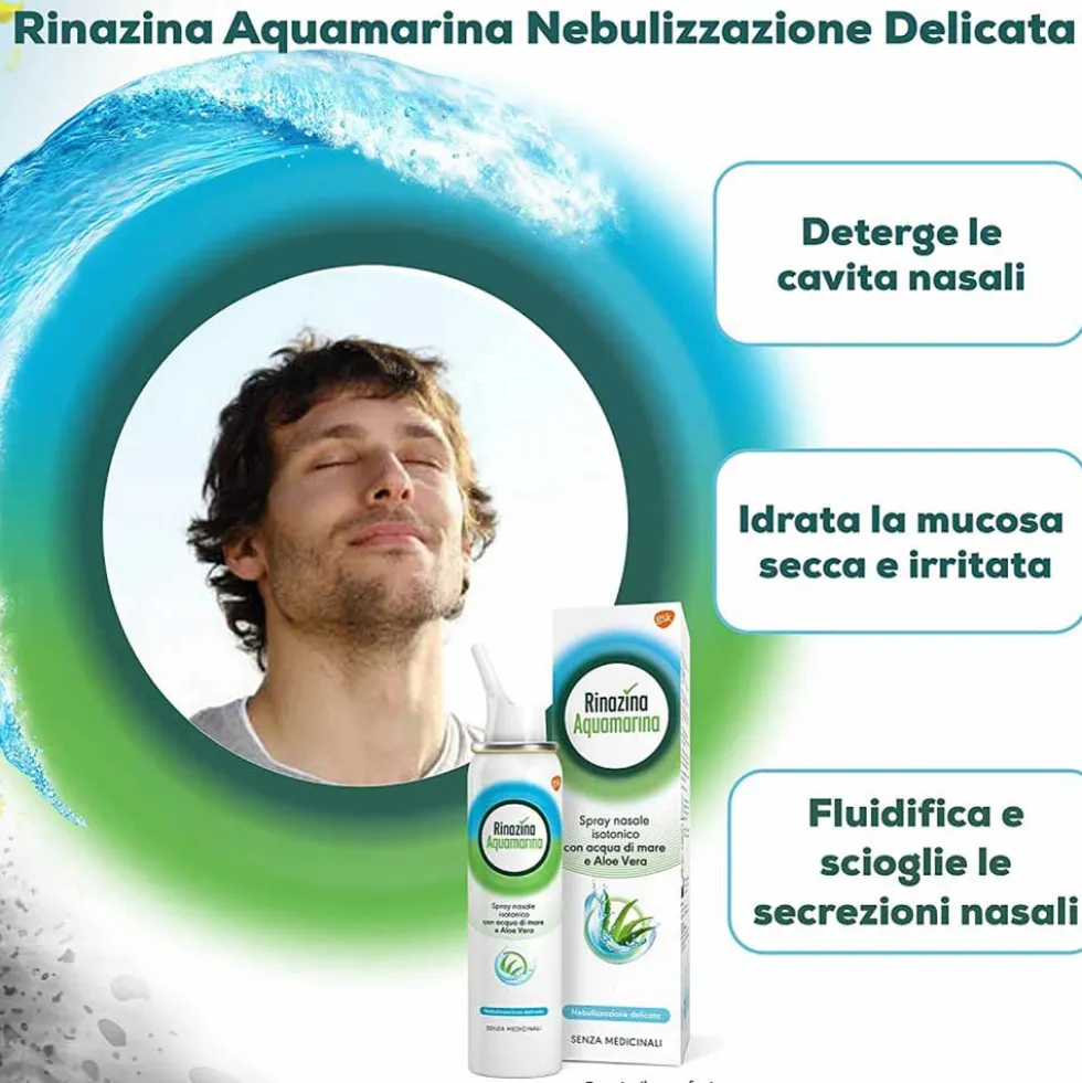 Rinazina Aquamarina Spray Nasale Isotonico Delicato Lavaggio Nasale, 100ml