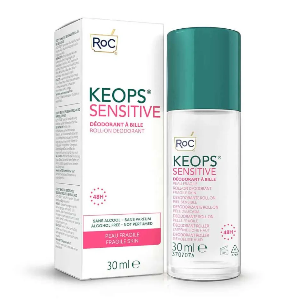 RoC Keops Sensitive - Deodorante roll-on 48h per la pelle sensibile senza alcol e profumo, 30 ml