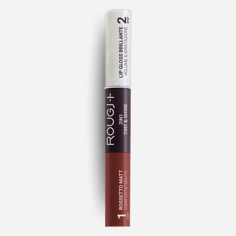 Rougj 2 in 1 Thin&Shine Rossetto liquido lunga tenuta e lip gloss volumizzante e idratante colore 02 Nude Brown