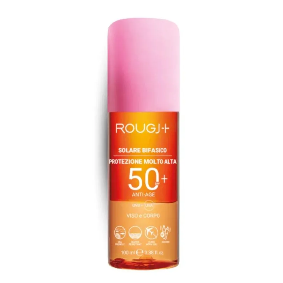Rougj Solare Bifasico 50+ Anti-Age Spray solare con protezione molto alta per viso e corpo, 100 ml