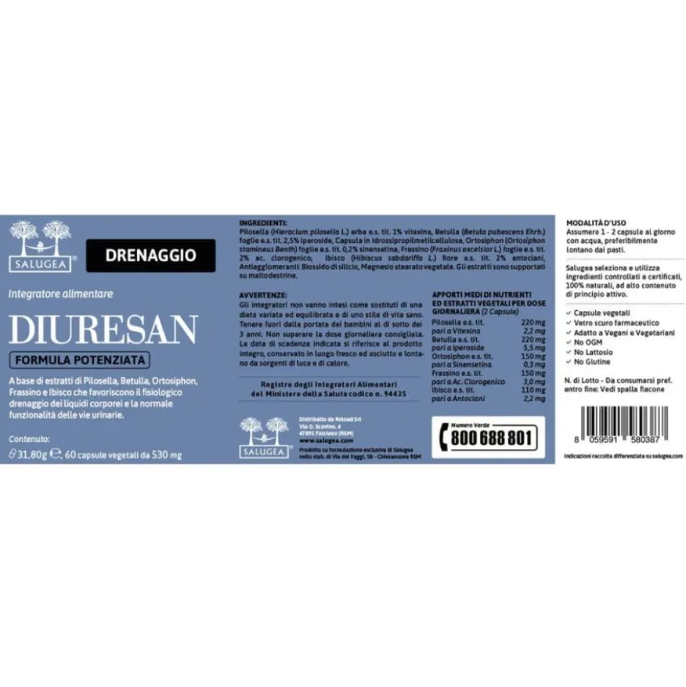 Salugea Diuresan Formula Potenziata Integratore Drenante Naturale, 60 Capsule Vegetali
