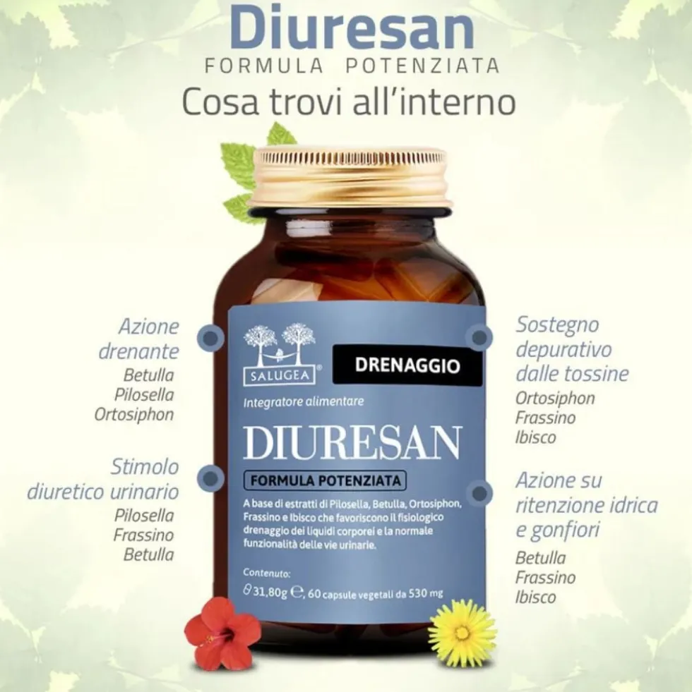Salugea Diuresan Formula Potenziata Integratore Drenante Naturale, 60 Capsule Vegetali