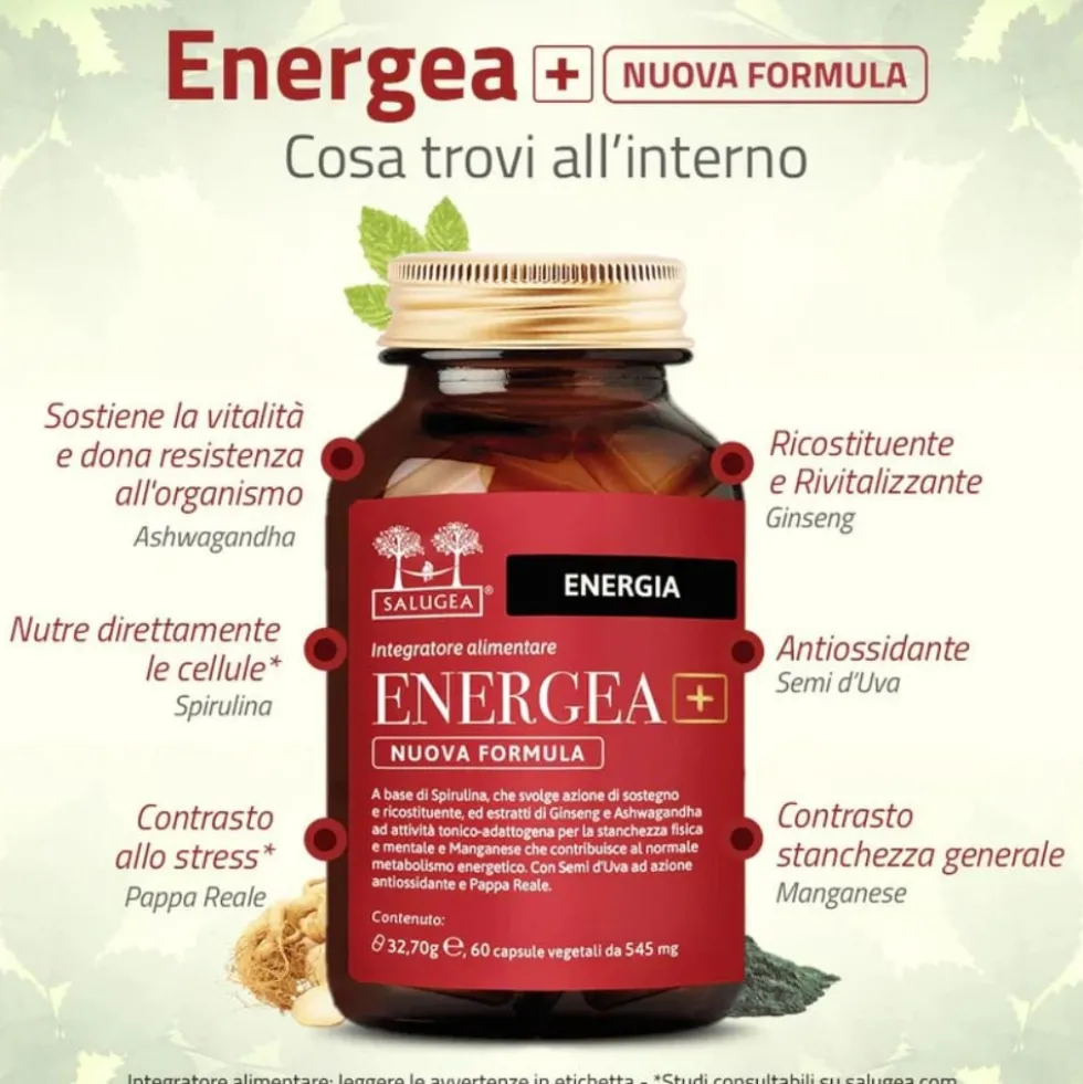 Salugea Energea+ Nuova Formula Integratore Energia e Vitalità, 60 Capsule Vegetali