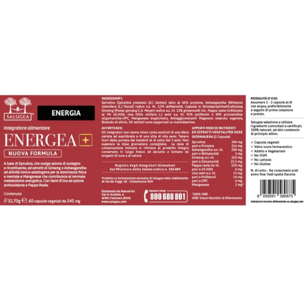 Salugea Energea+ Nuova Formula Integratore Energia e Vitalità, 60 Capsule Vegetali