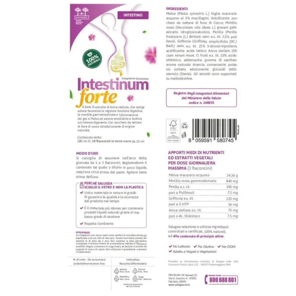 Salugea Intestinum Forte Integratore Intestino, 18 Flaconcini