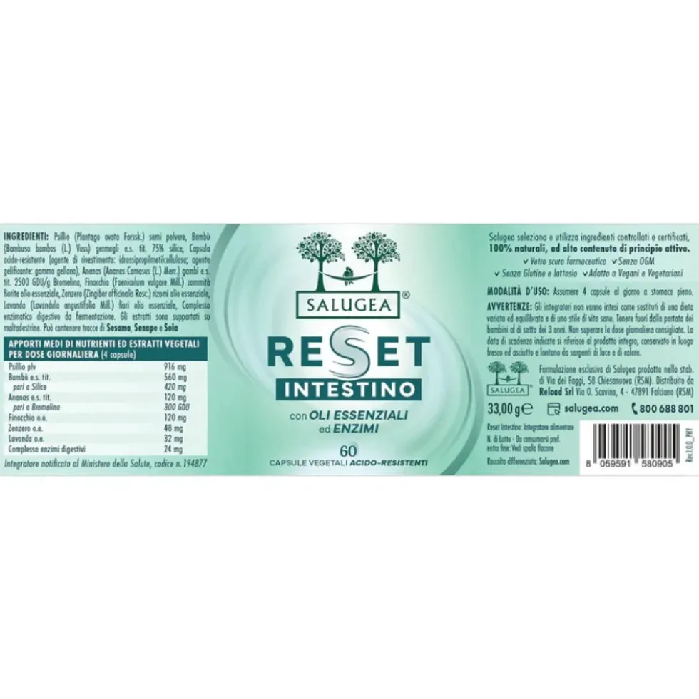 Salugea Reset Intestino Integratore Detox, 60 Capsule Vegetali Acido-Resistenti