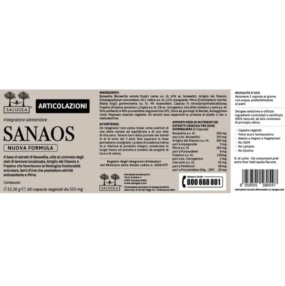 Salugea Sanaos Nuova Formula Integratore Articolazioni Tendini e Legamenti, 60 Capsule Vegetali