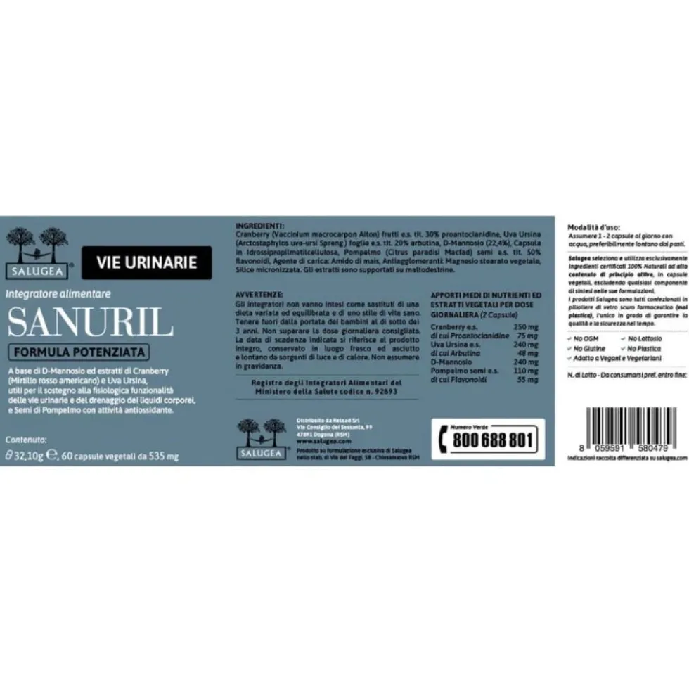 Salugea Sanuril Formula Potenziata Integratore Vie Urinarie, 60 Capsule Vegetali