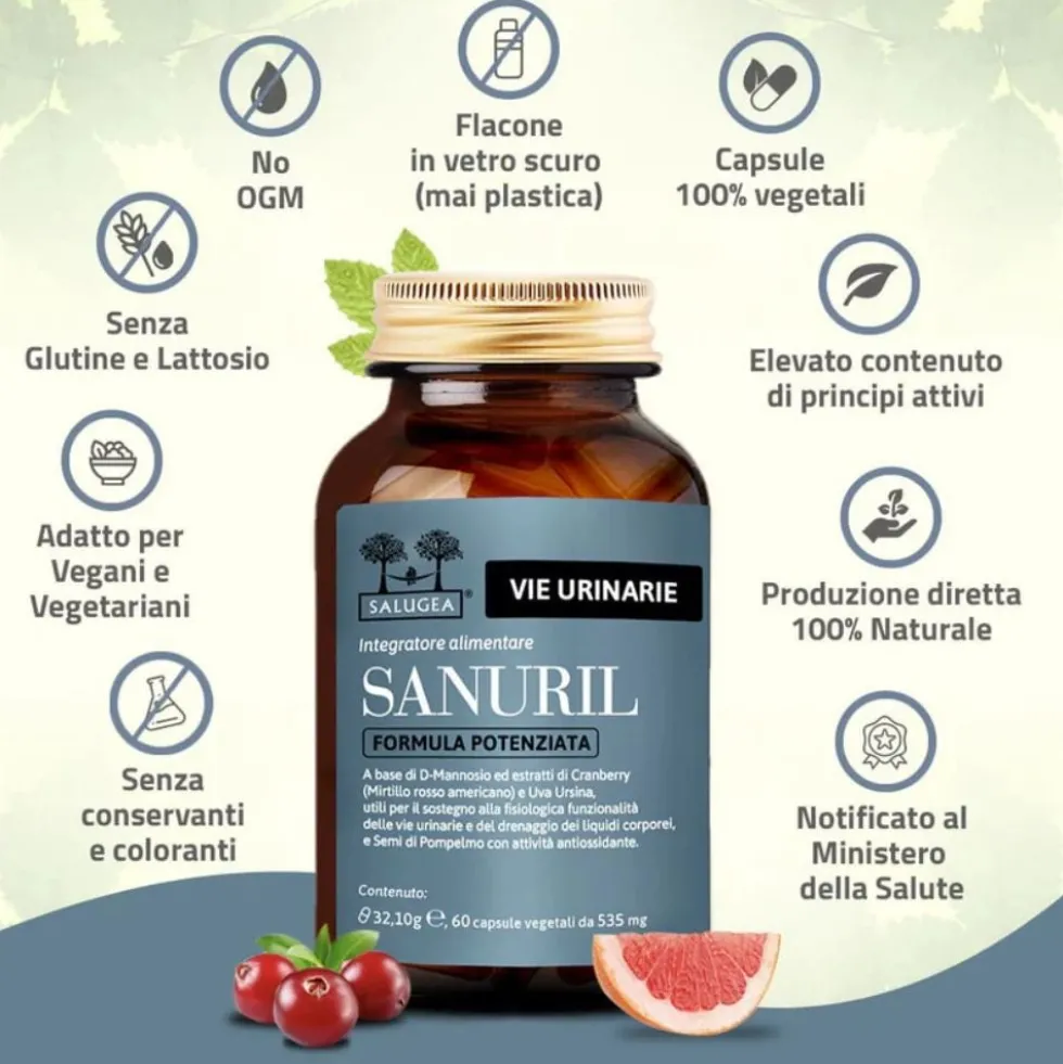 Salugea Sanuril Formula Potenziata Integratore Vie Urinarie, 60 Capsule Vegetali