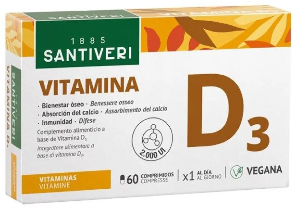 Santiveri Vitamina D3 - Integratore alimentare di vitamina d3 vegana per le ossa, 60 compresse