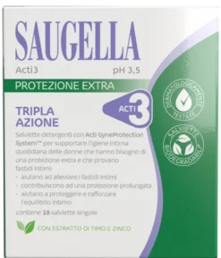 Saugella Acti 3 - Salviette detergenti per l'igiene intima e la protezione extra, 10 salviette