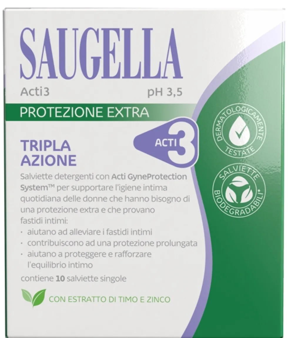Saugella Acti 3 - Salviette detergenti per l'igiene intima e la protezione extra, 10 salviette
