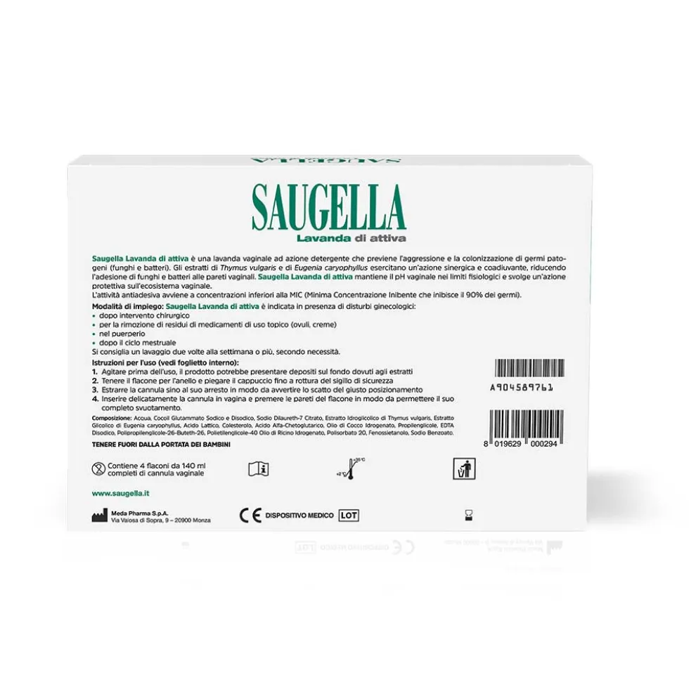 Saugella Attiva - Lavanda Vaginale pH 4.5 Detergente e Protettiva, 4 x 140ml