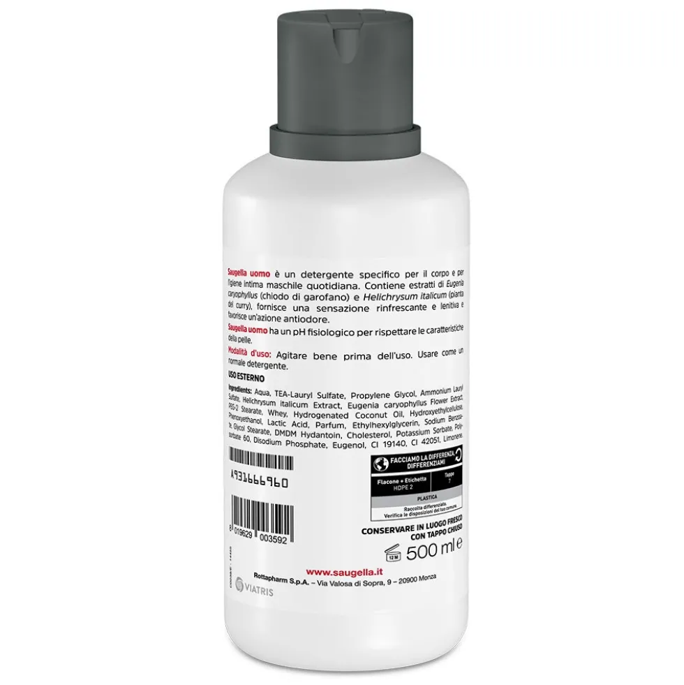 Saugella Uomo - Detergente Intimo pH Fisiologico con Garofano e Elicriso, 500ml