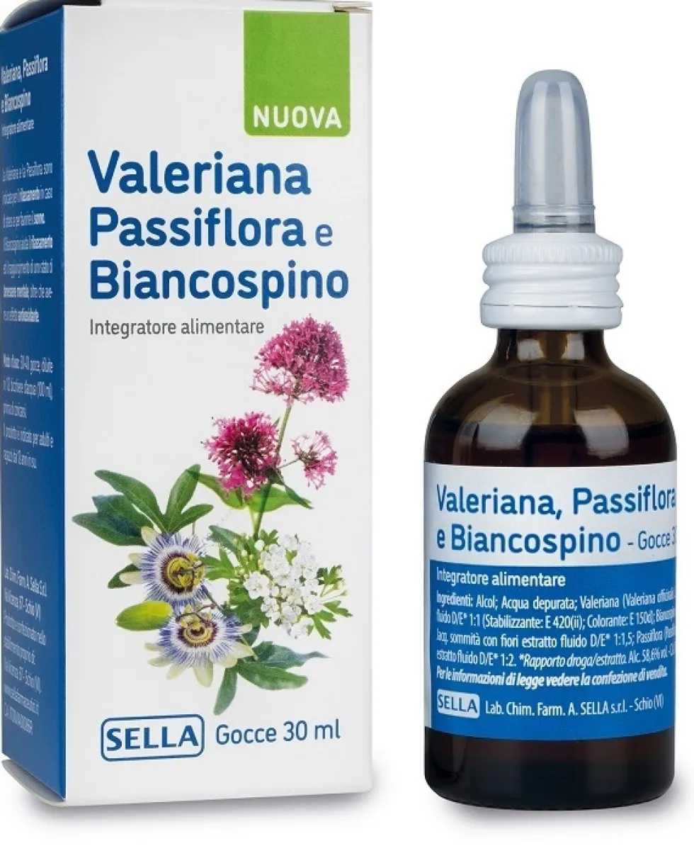 Sella Valeriana Passiflora e Biancospino - Integratore alimentare in gocce per il sonno, 30 ml