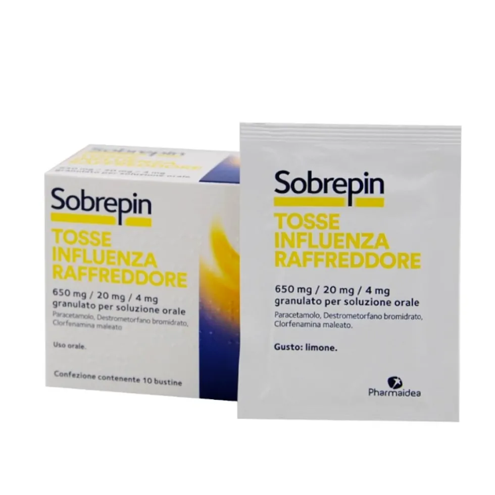 Sobrepin Tosse Influenza e Raffreddore Paracetamolo 650mg + Destrometorfano 20mg + Clorfenamina 4mg, 10 bustine