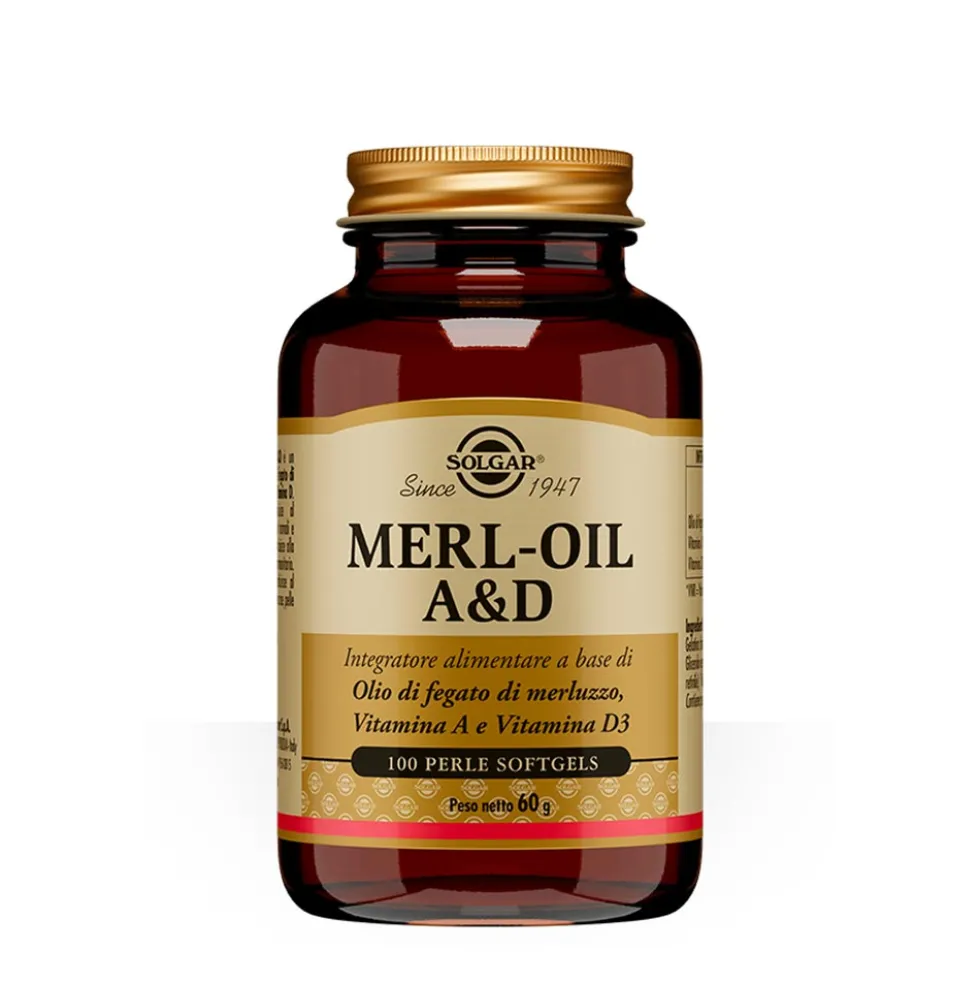 Solgar Merl Oil A & D - Integratore ricostituente a base di olio di fegato di merluzzo, 100 perle
