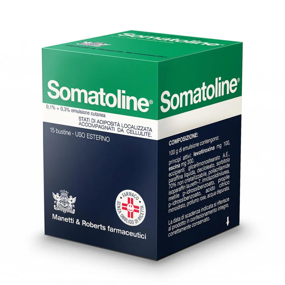 Somatoline Crema Anticellulite 0,1% + 0,3% Emulsione Cutanea per Adiposità Localizzata e Cellulite, 15 Bustine Uso Esterno