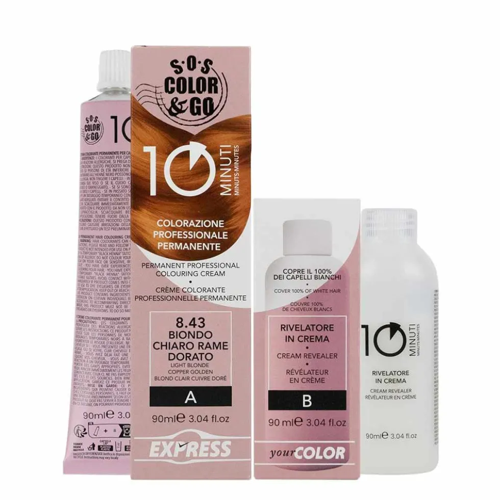 Sos Color & Go 8.43 biondo chiaro rame dorato - Tinta permanente per i capelli in 10 minuti, 180 ml