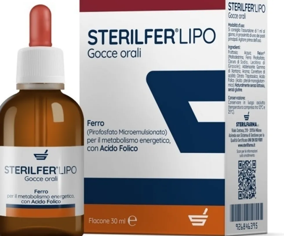Sterilfarma Sterilfer Lipo - gocce Integratore per la carenza di ferro e acido folico, 30 ml