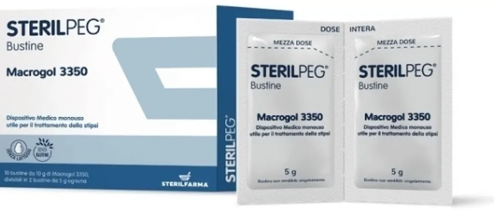 Sterilfarma Sterilpeg Macrogol 3350 dispositivo medico per la stipsi, 10 bustine bipartite da 10 g