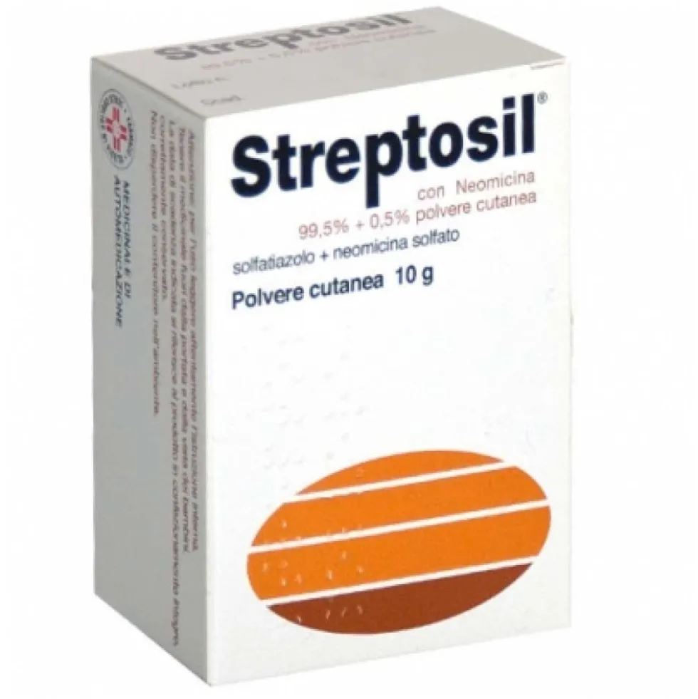 Streptosil Neomicina 99,5% + 0,5% Solfatiazolo + Neomicina Solfato Polvere Cutanea per Infezioni Cutanee Superficiali, 10g