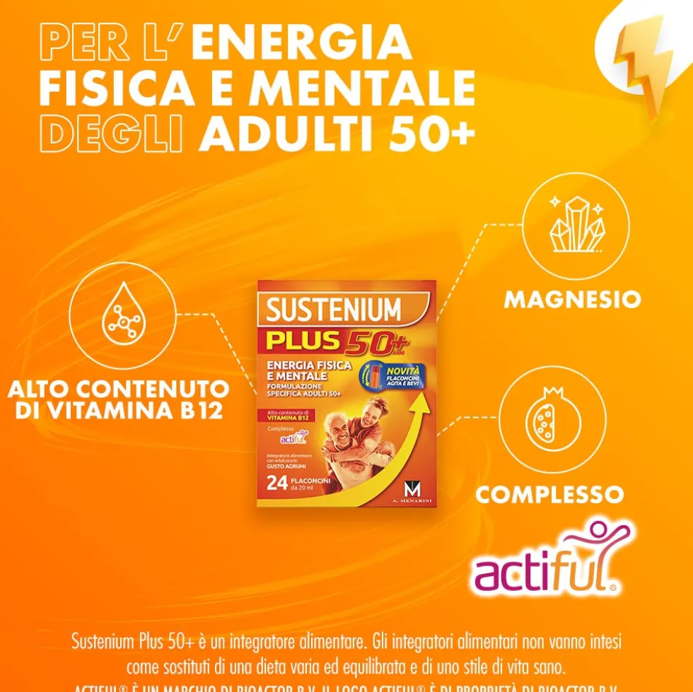 Sustenium Plus 50+ - Integratore alimentare per l'energia e la vitalità, 24 flaconcini da 20 ml