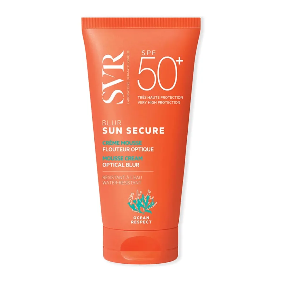 SVR Sun Secure Blur - Crema solare in mousse SPF50+ senza profumo per uniformare il viso, 50 ml