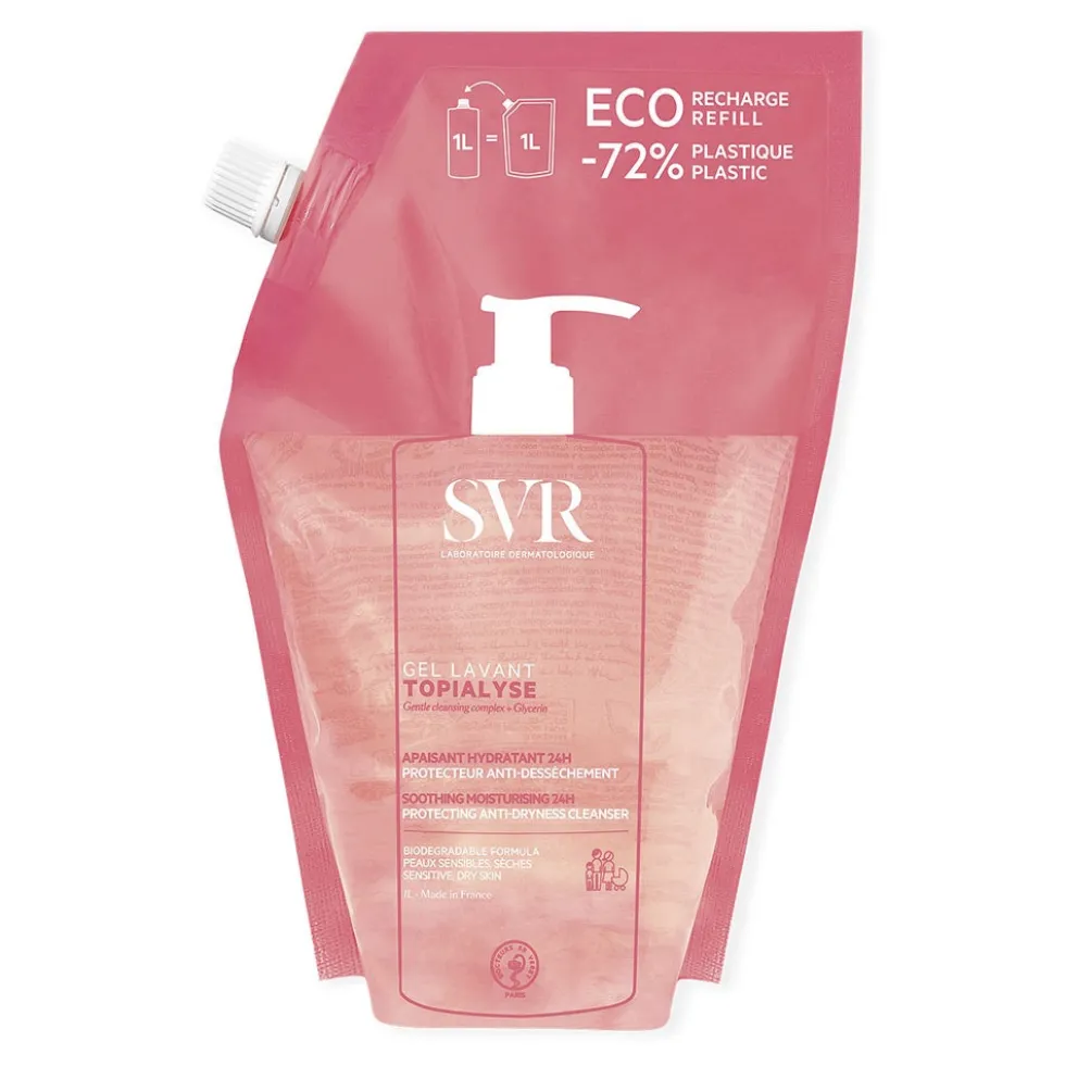 SVR Topialyse Gel Lavant Eco-Ricarica - Gel detergente lenitivo per la pelle secca, 1 litro