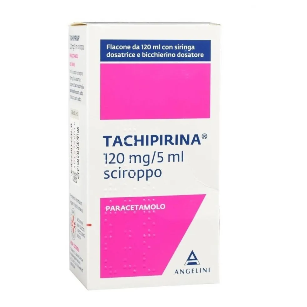Tachipirina 120mg/5ml Paracetamolo Antipiretico e Analgesico Sciroppo Flacone con Siringa Dosatrice e Bicchierino Dosatore, 120ml