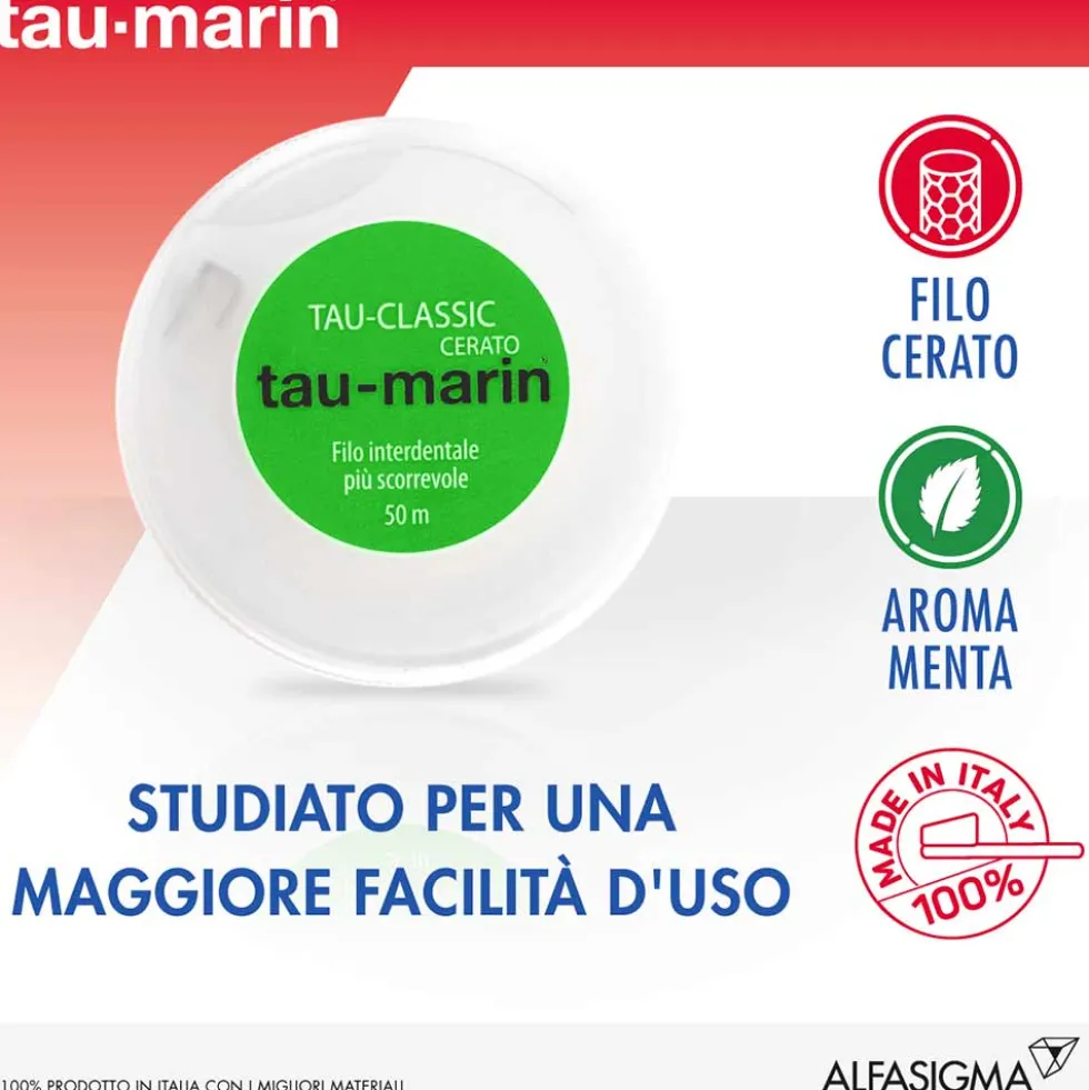 Tau-Marin Tau Classic - Filo interdentale cerato per rimuovere la placca, rocchetto da 50 m