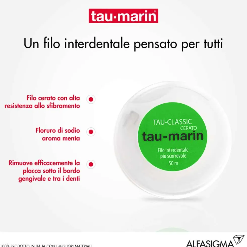 Tau-Marin Tau Classic - Filo interdentale cerato per rimuovere la placca, rocchetto da 50 m