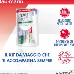 Tau-marin Tau-Kit Medio - Kit da viaggio per l'igiene orale, 1 spazzolino e dentifricio da 20 ml