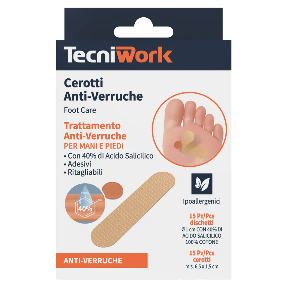 Tecniwork Cerotti anti verruche per mani e piedi con 40% di Acido salicilico, 15 cerotti