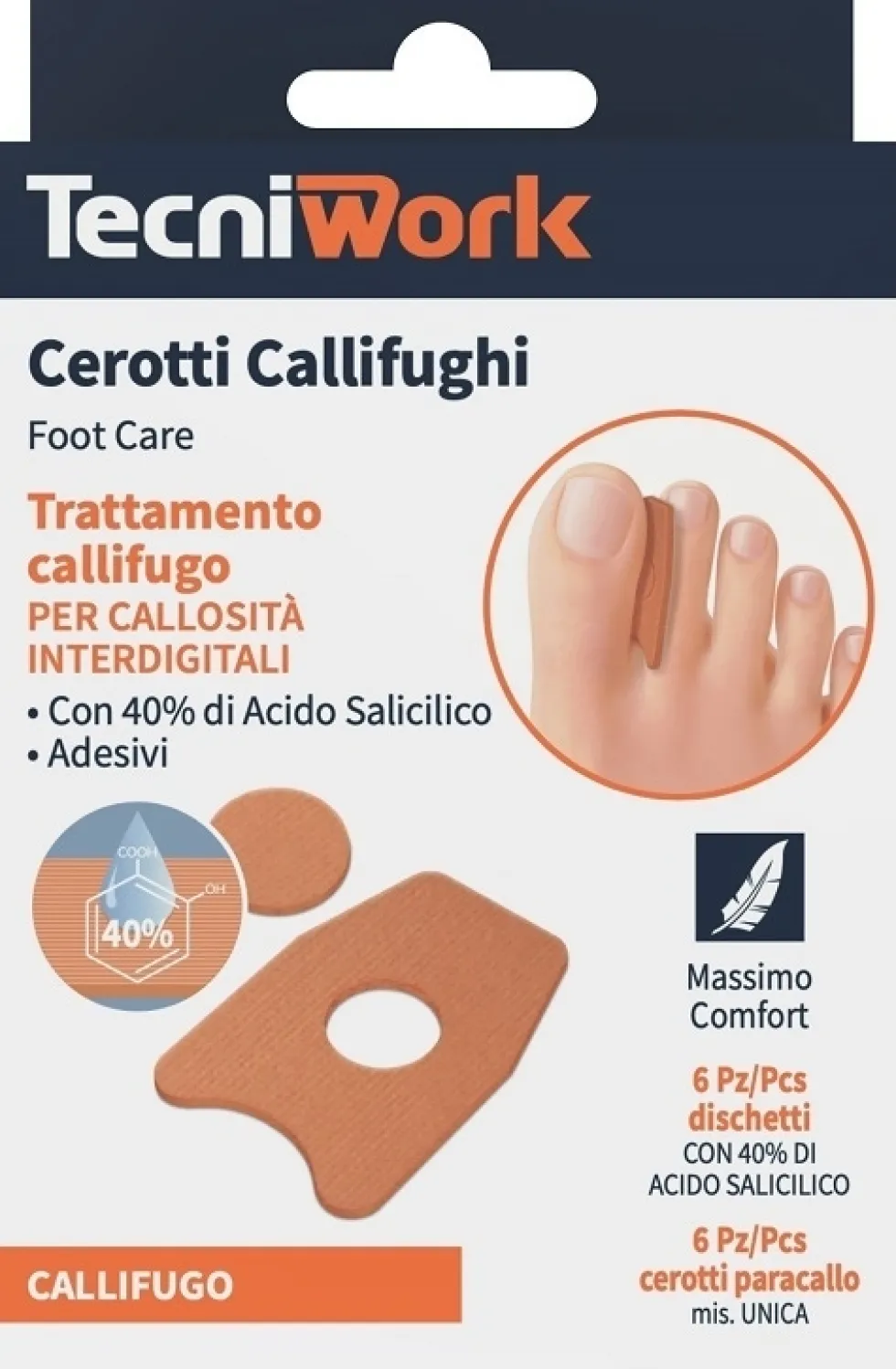 Tecniwork Cerotto callifugo interdigitale - Cerotti per rimuovere i calli, 6 pezzi e 6 dischetti
