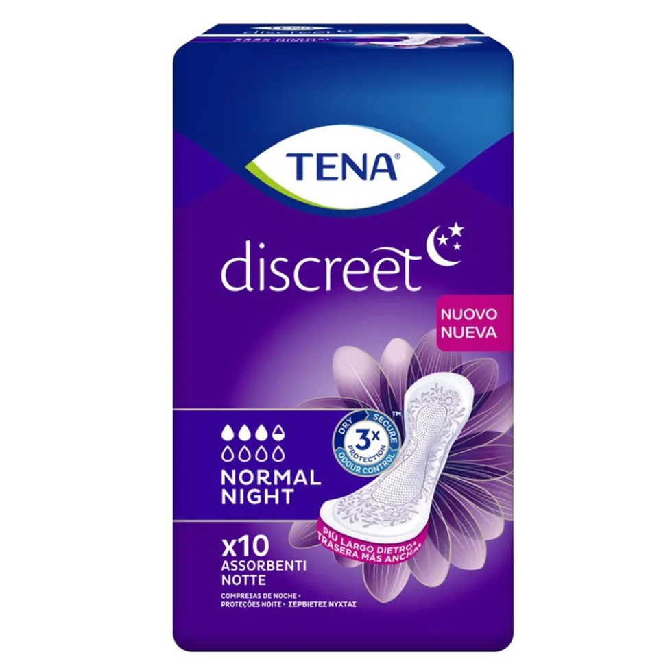 Tena Discreet Normal Night - Assorbenti notturni per le perdite urinarie, 10 assorbenti