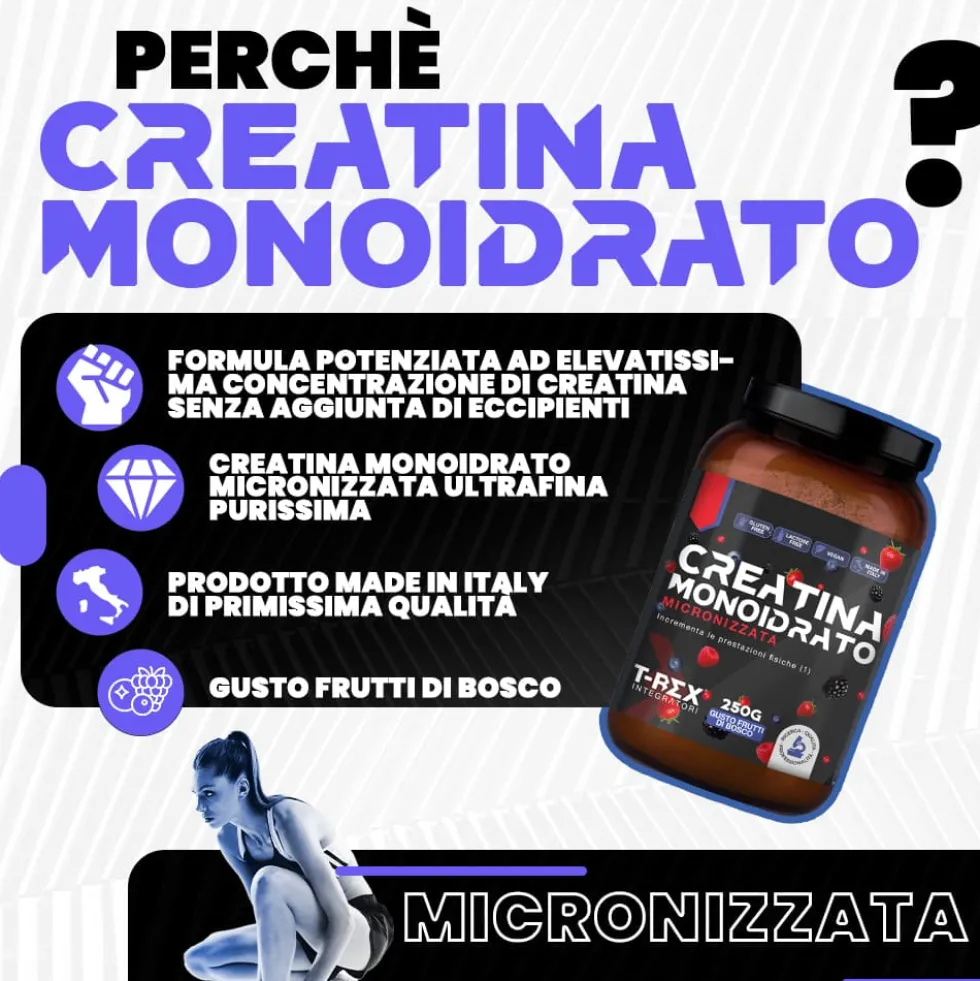 T-Rex Creatina monoidrato ai frutti di bosco - Integratore polvere per prestazioni fisiche, 250 g