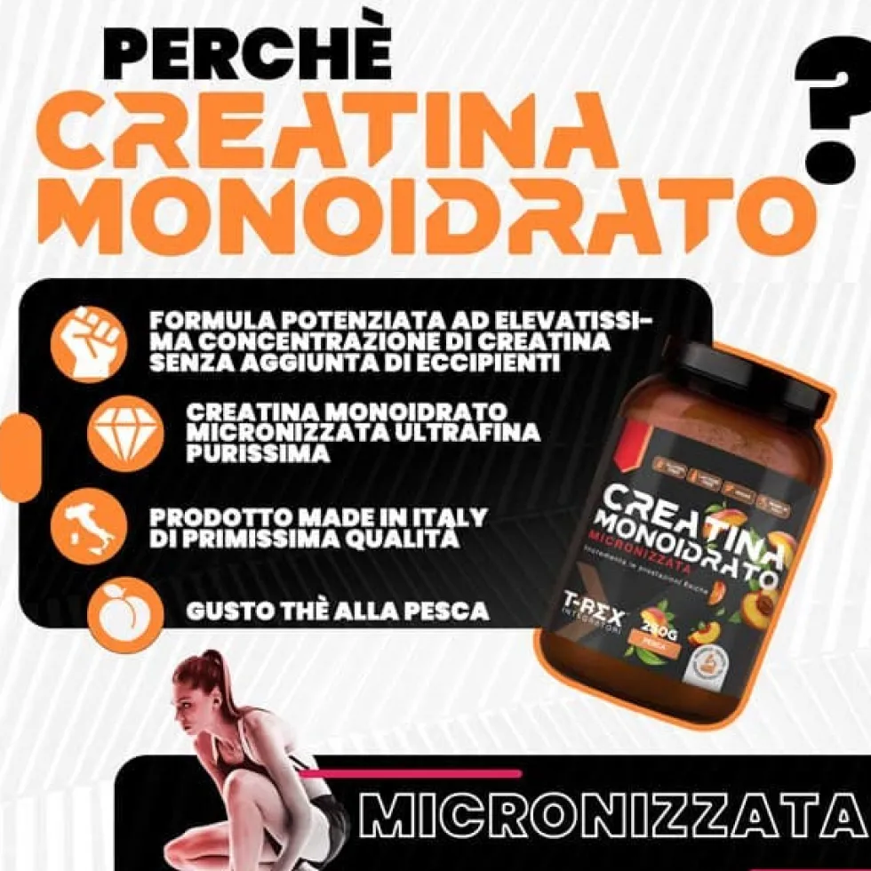 T-Rex Creatina Monoidrato Polvere Integratore per Sportivi in Polvere Gusto The alla Pesca, 250g