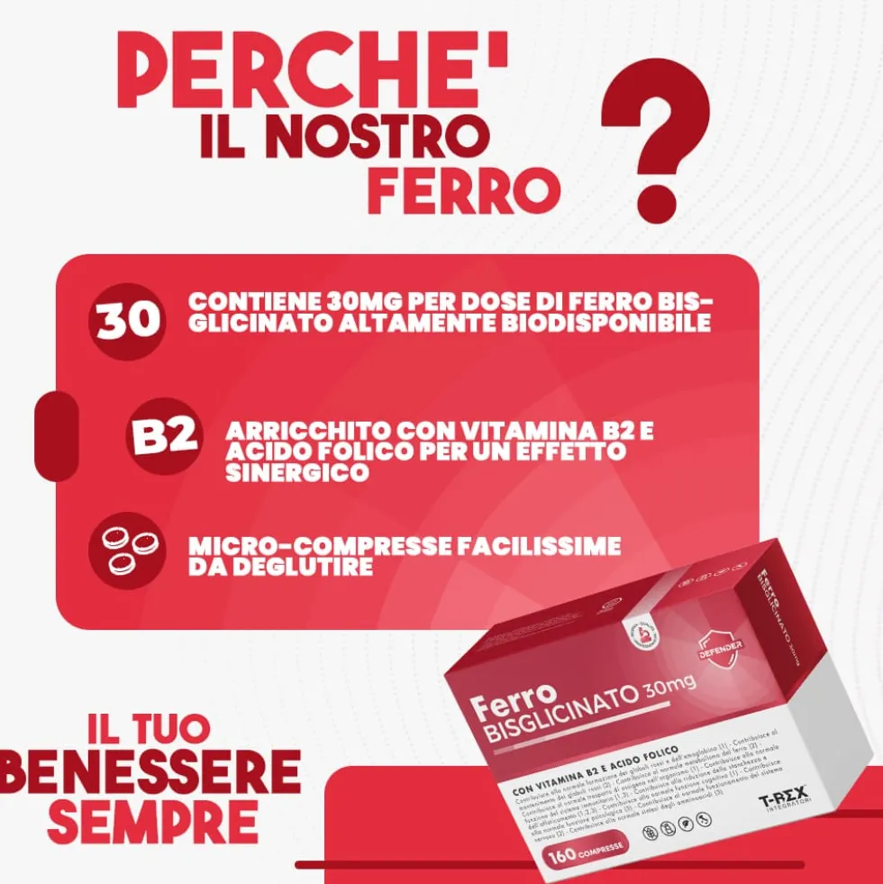 T-Rex Ferro Bisglicinato 30mg Integratore con Acido Folico e Vitamina B2, 160 Compresse