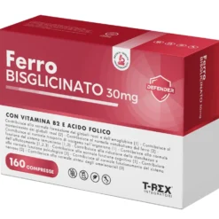 T-Rex Ferro Bisglicinato 30mg Integratore con Acido Folico e Vitamina B2, 160 Compresse