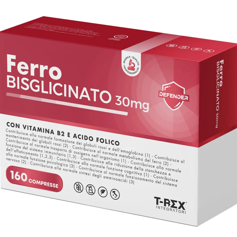 T-Rex Ferro Bisglicinato 30mg Integratore con Acido Folico e Vitamina B2, 160 Compresse