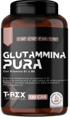 T-Rex Glutammina 100% Pura Integratore Recupero Muscolare L-Glutammina, 120 Compresse