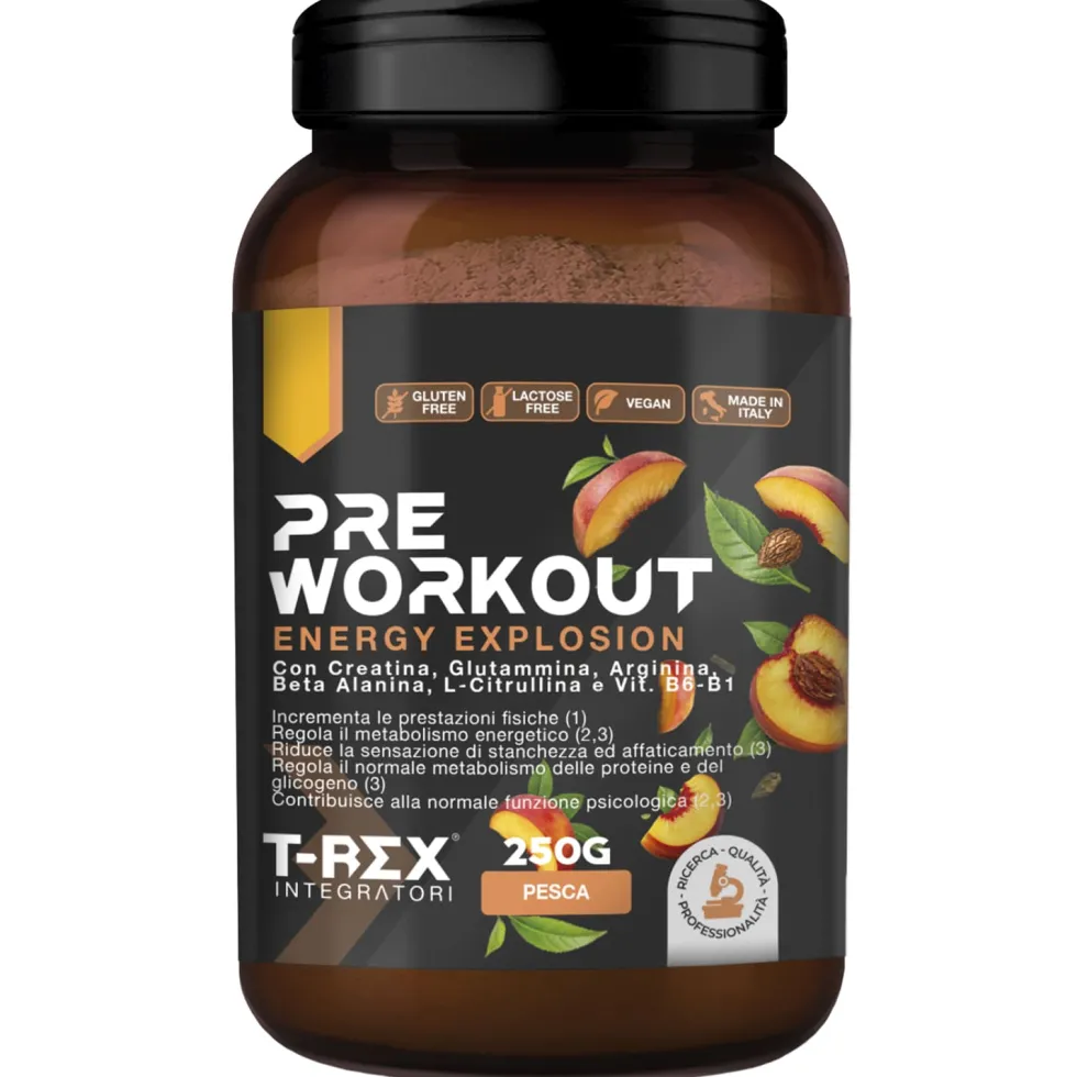 T-Rex Integratore Pre Workout con Creatina Taurina Citrullina e Vitamine in Polvere Gusto Pesca, 250g