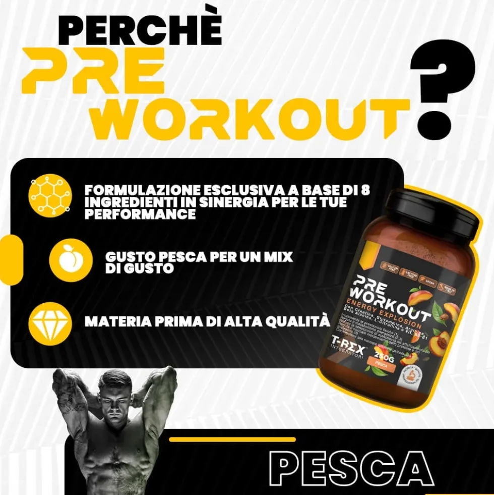 T-Rex Integratore Pre Workout con Creatina Taurina Citrullina e Vitamine in Polvere Gusto Pesca, 250g