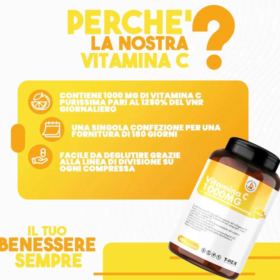 T-Rex Vitamina C 1000mg Integratore Alte Difese Immunitarie, 180 Compresse